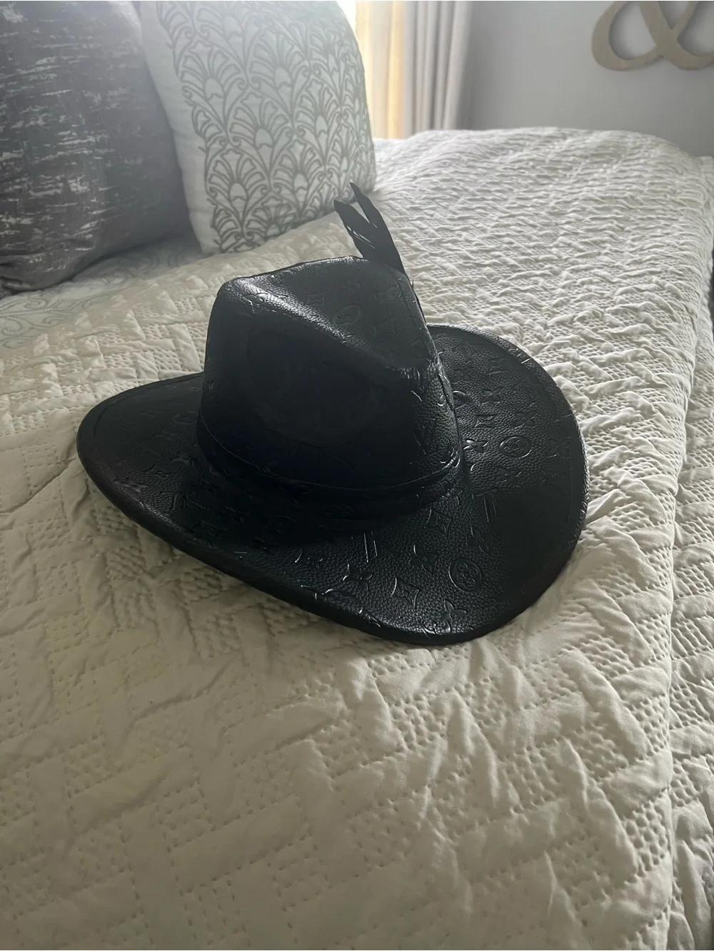 Louis Vuitton Black Monogram Embossed Feather Trim Hat